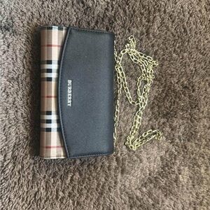 Burberry Black and Checkered Wallet with Gold Chain